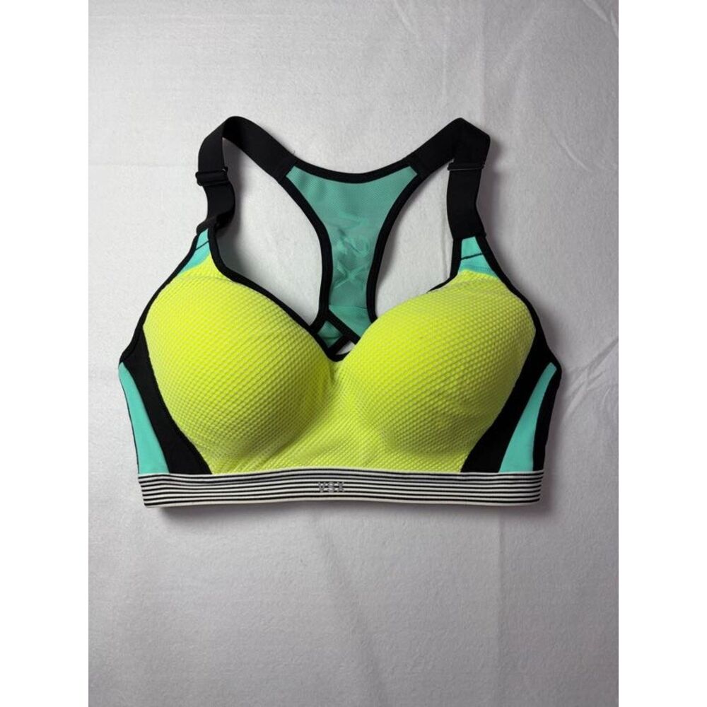 Victoria's Secret VSX Sport Bra Neon Yellow Mint Striped Band 32D